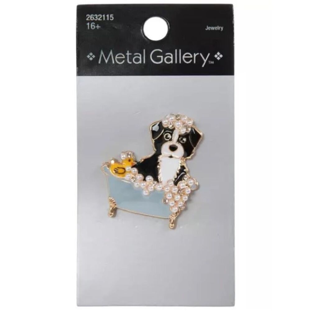 New Metal Gallery Black & White Dog Bubble Bath Enamel Pin